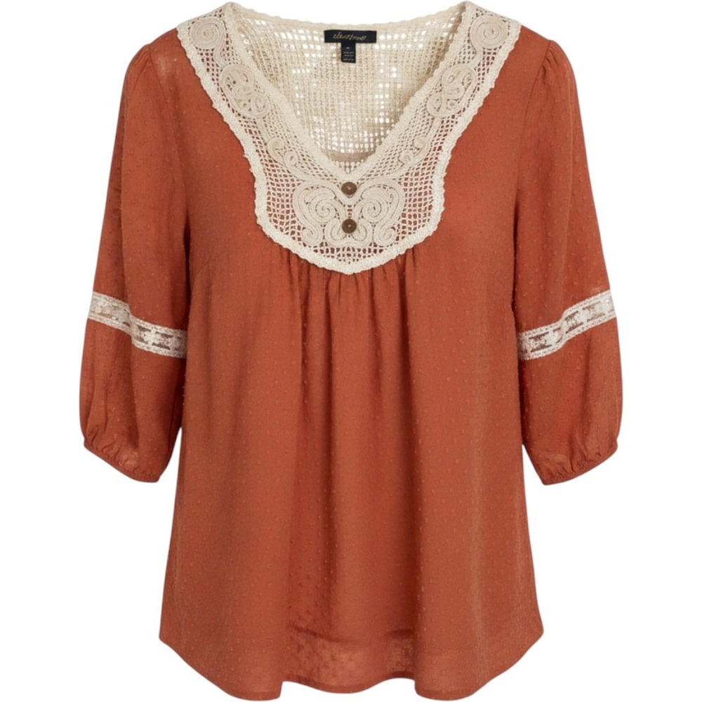 Boutique Burnt Orange Swiss Dot Crochet Lace Peasant Blouse Top Small arttowear